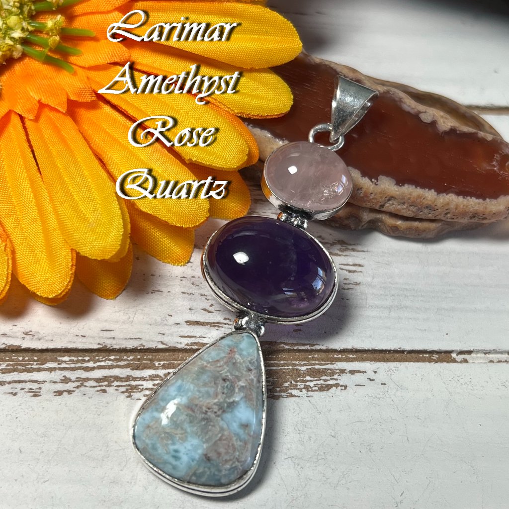 Larimar Pendant Amethyst Rose Quartz Long Handmade Crystal Gemstone 925 Silver